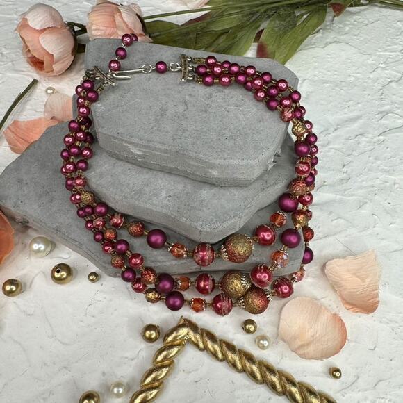 Vintage Pink Faux Pearl Beaded Multistrand Necklace Retro Bridal Jewelry - Picture 2 of 8